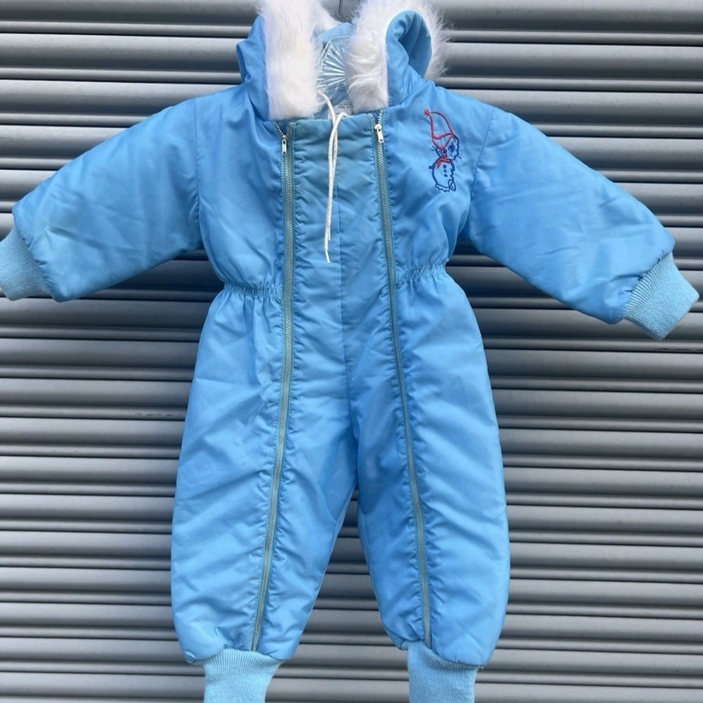 Vintage Sears Light Blue Quilted Snowsuit with Faux Fur Trim Toddler Sz Medium